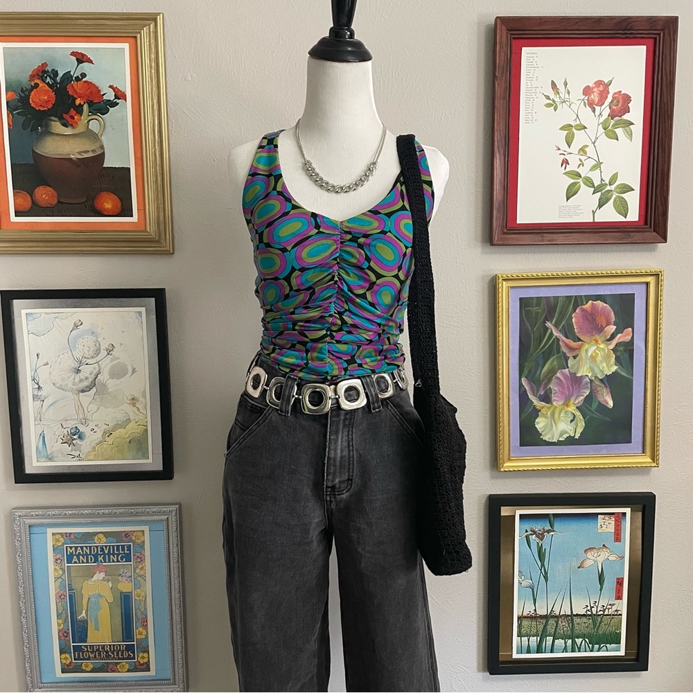 Vintage Ruched Green & Purple Printed Tank Top - Women
